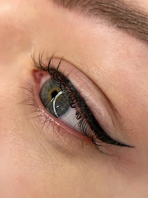 Zbliżenie na oko po wykonanym zabiegu makijażu permanentnego metodą kreski dekoracyjnej