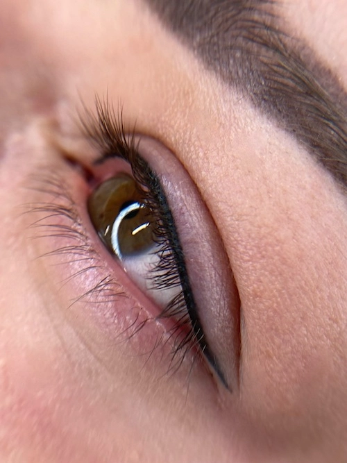 Zbliżenie na oko po wykonanym zabiegu makijażu permanentnego metodą kreski w linii rzęs